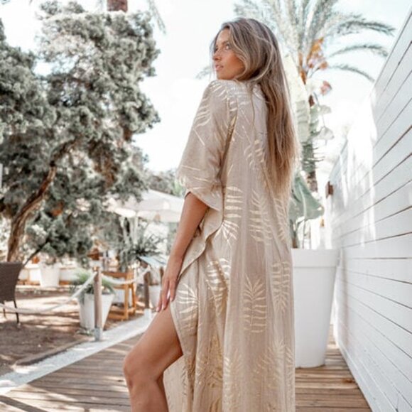 ☀️SUMMER SALE!☀️ IBIZAMODE - LONG KIMONO LEAFY TAUPE - ONE SIZE - BNWT - Picture 3 of 8